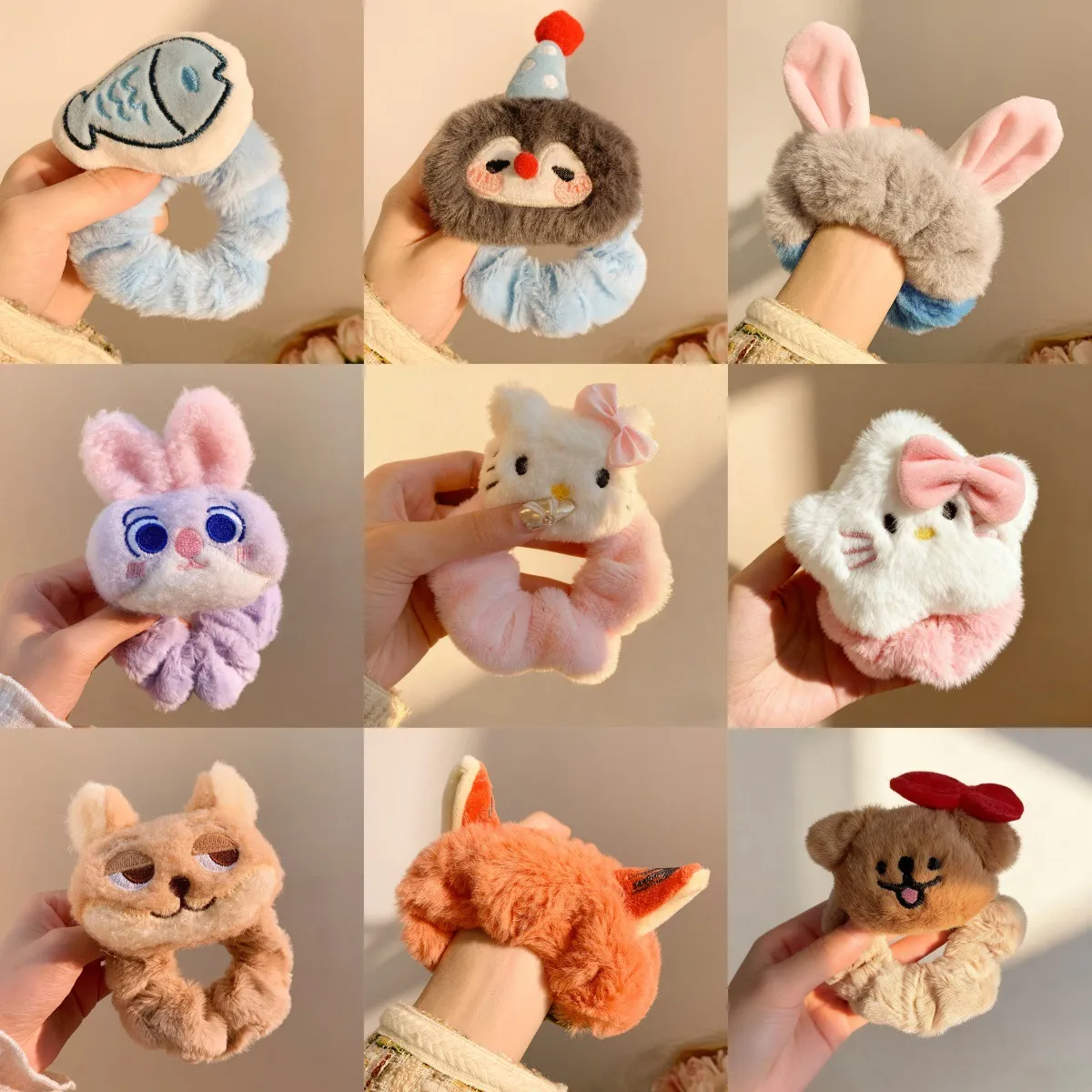Kawaii Cartoon Animal Plush Scrunchie – Soft Plush Hair Tie for Women Girls, Cute Ponytail Holder Elastic Hair Band for Bun & Top Knot, Creative Hair Accessory